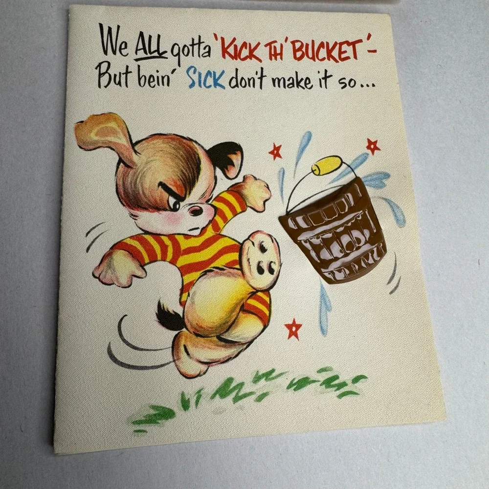 Vintage‎ Stanley Greetings Get Well Card Kick the Bucket Dog 1950's USA Unused